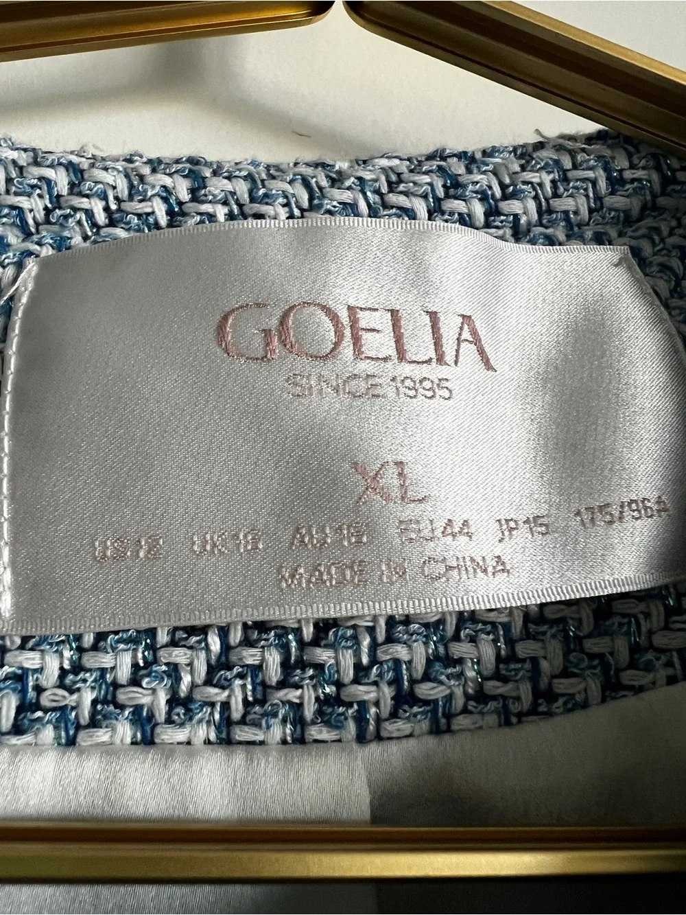 GOELIA Blue White Jacquard Tweed Jacket Sz XL Gold Button Cropped Bouclé Blazer - Picture 13 of 16